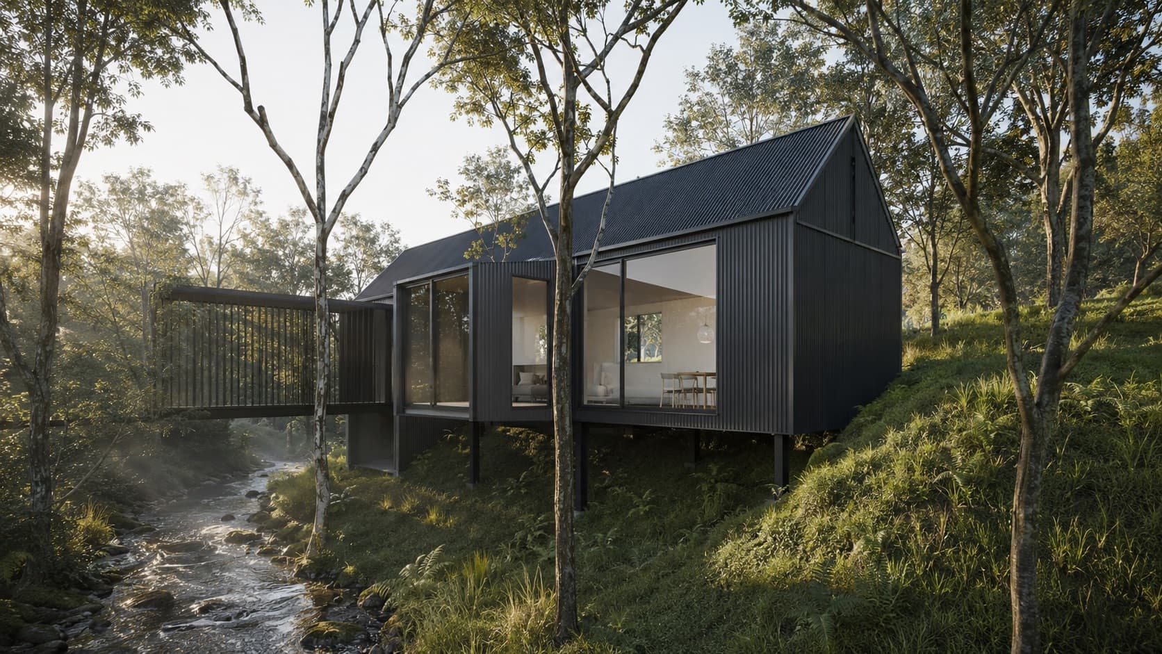 Configured whare exterior on a forested slope